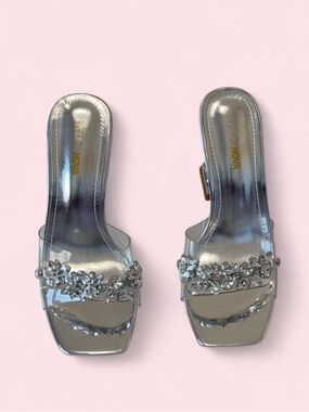 Fashion Nova Silver Clear Jewel Slide Mules